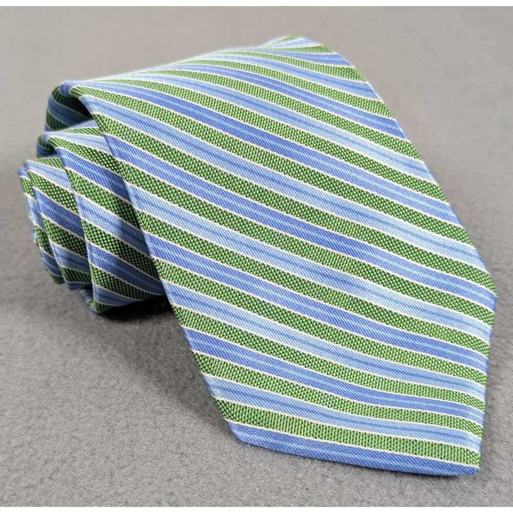 Brooks Brothers Necktie Green White Stain Resistant American Striped Silk